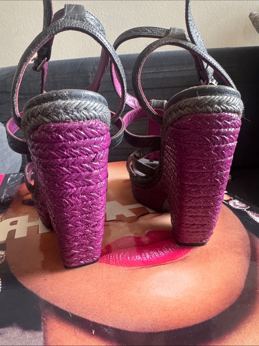 Balenciaga Gray Leather Strappy Wedge Sandals with Purple Platform - Picture 5 of 7